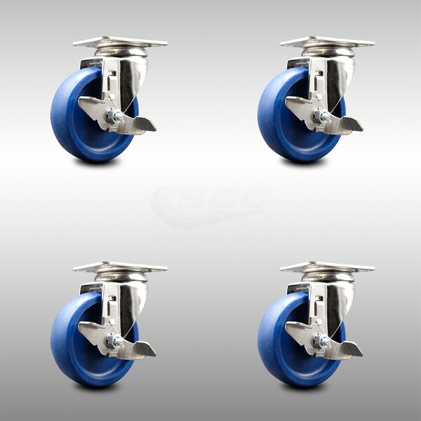 4 Inch 316SS Solid Polyurethane Wheel Swivel Top Plate Caster Set with Brake SCC